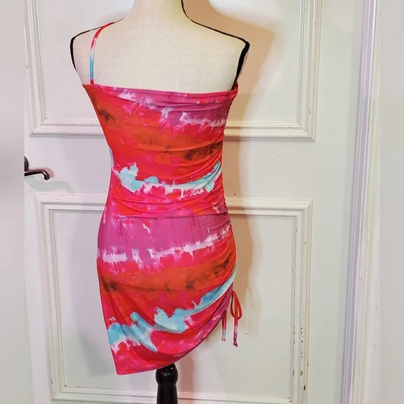 Pretty Little Thing Pink Multi Asymmetric Strap Ruched Bodycon Dress, Size 6 - Picture 15 of 16